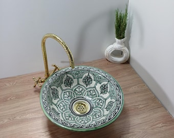 Lavabo de cerámica marroquí hecho a mano – Lavabo redondo verde y blanco – Diseño floral intrincado – Lavabo de tocador artesanal – Decoración de baño tradicional