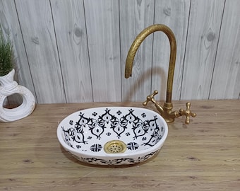 Handmade Moroccan Ceramic Sink, Oval Black & White Vessel Sink, Hand Painted Pottery Basin, Traditional Bathroom Vessel Sink,