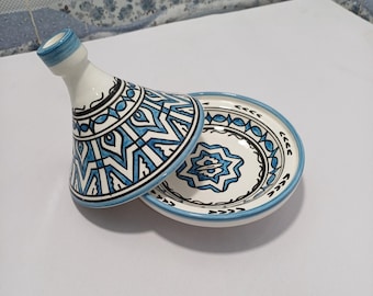 Handmade Moroccan Ceramic Tagine – Light Blue & White Geometric Traditional Kitchenware