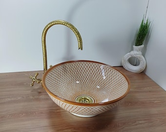 Handcrafted Moroccan Round Sink – Intricate Geometric Pattern in Warm Terracotta Tones | Artisan Ceramic Wash Basin