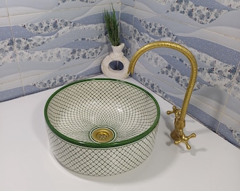 Moroccan Green Ceramic Sink – Handmade Round Basin with Traditional Pattern – Boho Bathroom Vessel Sink – Hand Painted Pottery