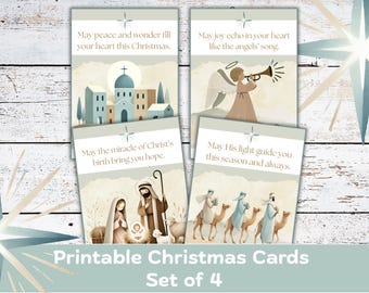 Könnte beinhalten: Set mit vier druckbaren Weihnachtskarten mit Aquarellillustrationen und saisonalen Grüßen. Jede Karte zeigt eine andere Szene, darunter eine Kirche, ein Engel, die Geburt Christi und die Heiligen Drei Könige.