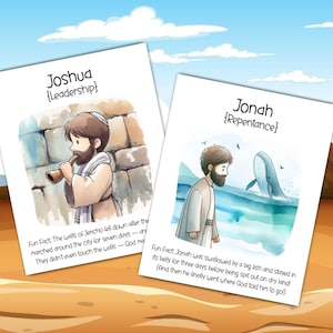 May include: Two illustrated cards with biblical themes. One card features Joshua, labeled "Leadership," blowing a horn. The other card shows Jonah, labeled "Repentance," with a whale. Each card includes a "Fun Fact" about the biblical figures.