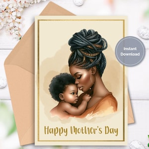 Carte de fête des mères afro-américaine, carte de voeux pour les mamans noires, carte de fête des mères aquarelle dorée