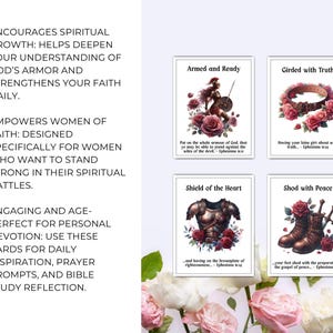 May include: Four cards with illustrations and text related to faith and spirituality. The cards feature images of armor, a belt, and boots, each surrounded by roses. Text includes phrases like "Armed and Ready" and Bible verses.