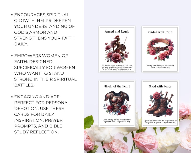 May include: Four cards with illustrations and text related to faith and spirituality. The cards feature images of armor, a belt, and boots, each surrounded by roses. Text includes phrases like "Armed and Ready" and Bible verses.