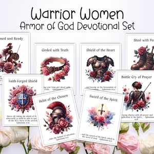 May include: A devotional set titled "Warrior Women Armor of God." The set includes cards with illustrations of armor and weapons, surrounded by roses. Each card has a title like "Armed and Ready" and a related Bible verse.