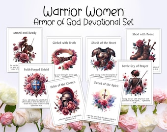 Tarjetas devocionales de la Armadura de Dios para mujeres, ilustraciones de la Armadura de Dios, vístanse con toda la armadura de Dios. Tarjetas de estudio imprimibles para el ministerio de mujeres.
