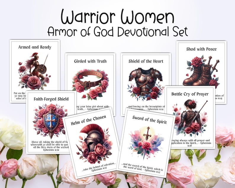 May include: A devotional set titled "Warrior Women Armor of God." The set includes cards with illustrations of armor and weapons, surrounded by roses. Each card has a title like "Armed and Ready" and a related Bible verse.