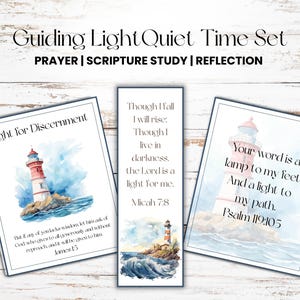 May include: A set of three watercolor prints with lighthouse illustrations. The prints include text: "Guiding Light Quiet Time Set", "Light for Discernment", "Your word is a lamp to my feet", and Bible verses. The set is designed for prayer, scripture study, and reflection.