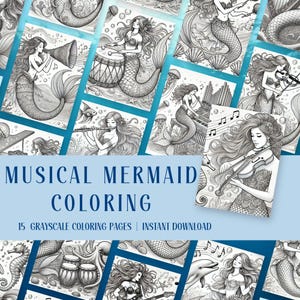 Musical Mermaid Coloring Pages Download, Fantasy Grayscale Adult Coloring, Ocean Coloring Pages, Under the Sea Musical Instument Coloring