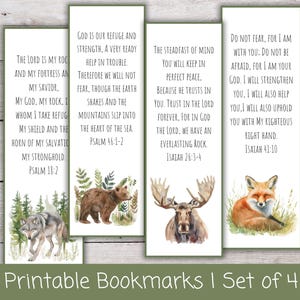 Könnte beinhalten: Set mit vier bedruckbaren Lesezeichen mit Aquarellillustrationen zum Thema Natur. Jedes Lesezeichen zeigt ein anderes Tier und einen inspirierenden Bibeltext.