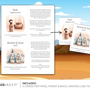 May include: A printed sheet with illustrations and text, featuring cards about Noah and Abraham & Sarah. The cards have watercolor-style images and text. The sheet is labeled "SIZE: 8.5 X 11" and "INCLUDES: 4 CARDS PER PAGE, FRONT & BACK, DASHED LINE TO CUT."