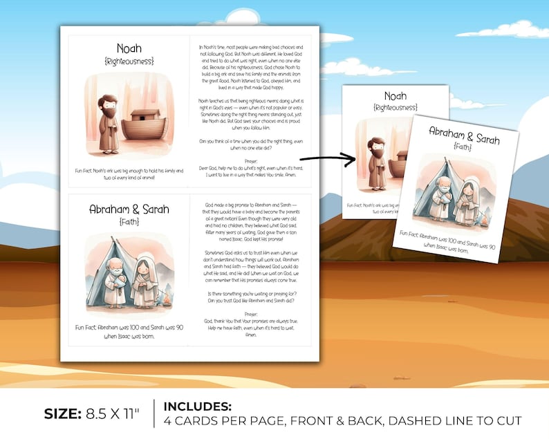 May include: A printed sheet with illustrations and text, featuring cards about Noah and Abraham & Sarah. The cards have watercolor-style images and text. The sheet is labeled "SIZE: 8.5 X 11" and "INCLUDES: 4 CARDS PER PAGE, FRONT & BACK, DASHED LINE TO CUT."