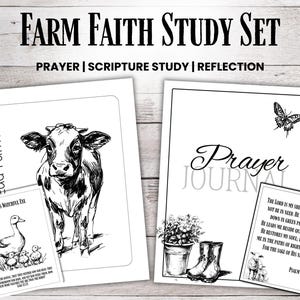 Puede incluir: Conjunto de estudio Farm Faith con el texto "Prayer | Scripture Study | Reflection". El conjunto incluye un diario con la palabra "Prayer" y una ilustración de mariposa. También se incluyen ilustraciones de una vaca, patitos y un versículo bíblico.