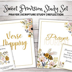 Pode incluir: Um conjunto de estudo com o texto "Sweet Provision Study Set" e as palavras "Prayer, Scripture Study, Reflection". O conjunto inclui um guia "Verse Mapping", um "Prayer Journal" e dois cartões com citações inspiradoras e ilustrações de abelhas e flores.