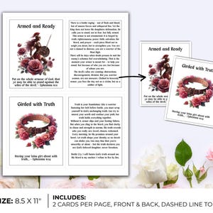 May include: A printed sheet with two designs: "Armed and Ready" with a warrior and roses, and "Girded with Truth" with a belt and roses. The sheet is 8.5 x 11 inches and includes two cards per page, front and back, with a dashed line to cut.