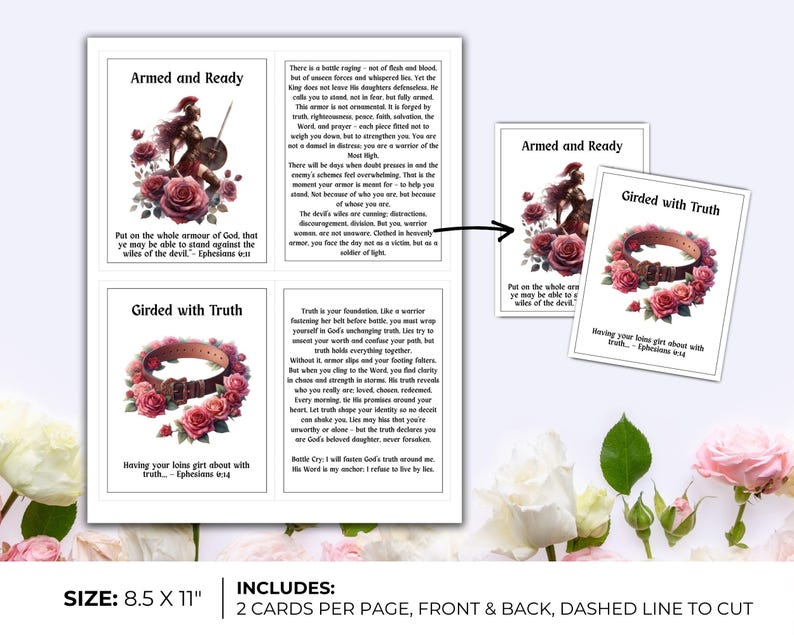 May include: A printed sheet with two designs: "Armed and Ready" with a warrior and roses, and "Girded with Truth" with a belt and roses. The sheet is 8.5 x 11 inches and includes two cards per page, front and back, with a dashed line to cut.