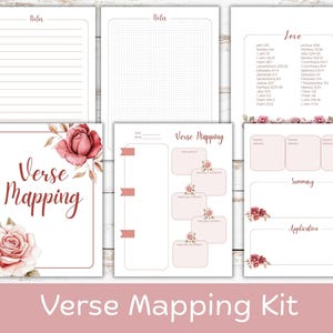 May include: A set of six printable pages for a verse mapping kit featuring floral illustrations of pink and red roses. The pages include sections for notes, dot grids, a list of love verses, and structured templates for verse mapping and application.