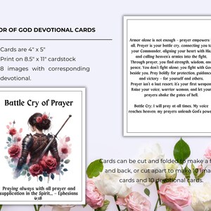 May include: Armor of God devotional cards, 4" x 5", printed on 8.5" x 11" cardstock. The image shows a card with a watercolor illustration of a woman in armor, surrounded by red roses, with the text "Battle Cry of Prayer".