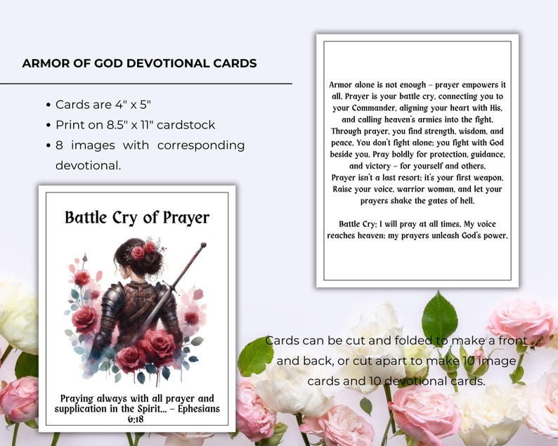 May include: Armor of God devotional cards, 4" x 5", printed on 8.5" x 11" cardstock. The image shows a card with a watercolor illustration of a woman in armor, surrounded by red roses, with the text "Battle Cry of Prayer".