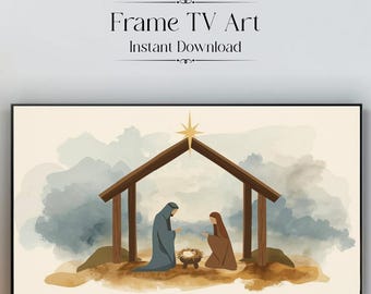 May include: A digital art print for a TV screen featuring a Nativity scene. The image shows a wooden stable with a star above, and figures of Mary and Joseph. The text "Frame TV Art Instant Download" is at the top.