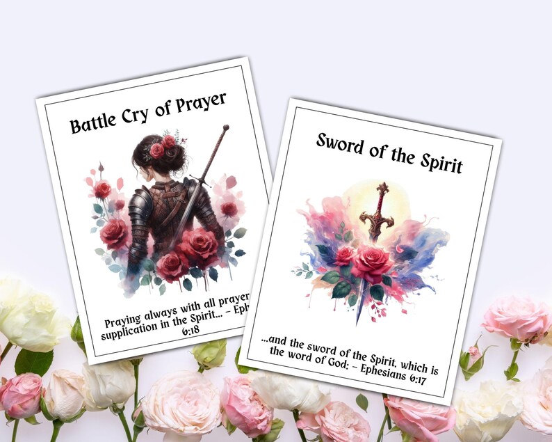 May include: Two watercolor art prints. One features a woman with a sword, roses, and the text "Battle Cry of Prayer." The other shows a sword, roses, and the text "Sword of the Spirit." Both prints have inspirational quotes.