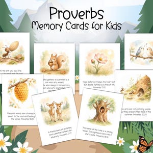 Könnte beinhalten: Eine Sammlung von Sprüche-Lernkarten für Kinder mit Aquarellillustrationen von Naturszenen, darunter eine Ameise, ein Eichhörnchen, eine Blume, Vögel, eine Honigwabe, Rehe und ein Baum, jeweils mit einem biblischen Spruchtext.