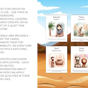 May include: Four illustrated cards with biblical figures: Deborah, Miriam, Noah, and Daniel. Each card features a watercolor-style illustration, the figure's name, and a brief description. The cards are designed for educational use.