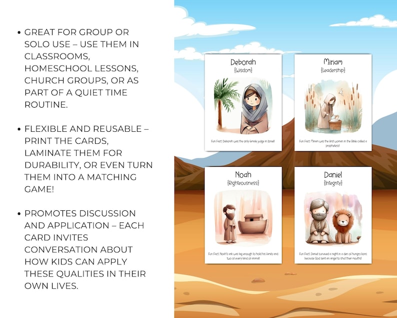 May include: Four illustrated cards with biblical figures: Deborah, Miriam, Noah, and Daniel. Each card features a watercolor-style illustration, the figure's name, and a brief description. The cards are designed for educational use.