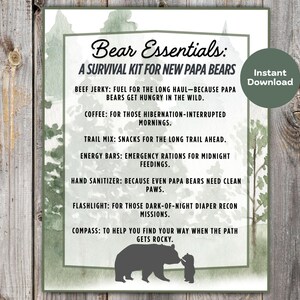 Kit de sobrevivência para novos pais; Cesta de presentes da esposa para futuros pais; Presente de chá de bebê com tema de natureza para ele, Etiqueta de aquarela do Papai Urso