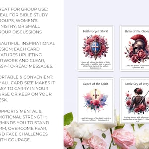 May include: Four inspirational cards with floral and watercolor designs. Each card features a different theme: Faith-Forged Shield, Helm of the Chosen, Sword of the Spirit, and Battle Cry of Prayer. The cards have uplifting artwork and clear messages, perfect for group discussions.
