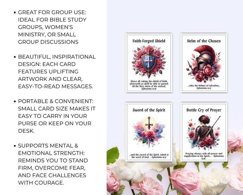 May include: Four inspirational cards with floral and watercolor designs. Each card features a different theme: Faith-Forged Shield, Helm of the Chosen, Sword of the Spirit, and Battle Cry of Prayer. The cards have uplifting artwork and clear messages, perfect for group discussions.