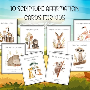 May include: A set of 10 scripture affirmation cards for kids featuring watercolour illustrations of animals including a giraffe, monkey, kangaroo, flamingo, hippo, tiger, and koala, with printed text on each card against a savanna background.