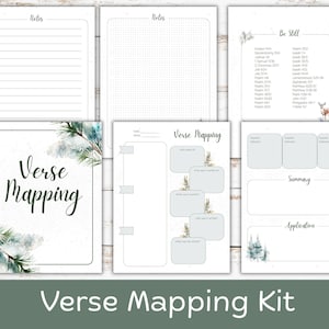 May include: A Verse Mapping Kit with various pages for note-taking and study. The kit includes lined and dotted pages for notes, verse mapping templates, and a page with Bible verses. The design features watercolor pine branches and the text "Verse Mapping Kit."