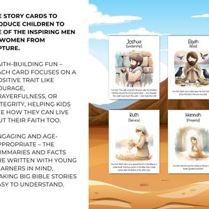 May include: Bible story cards introducing children to inspiring figures from scripture. Each card features an illustration of a biblical character, such as Joshua and Elijah, with a brief summary and a fun fact. The cards are designed to teach faith-based values.