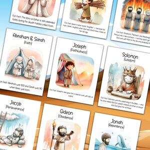 May include: A set of illustrated cards featuring biblical figures like Abraham & Sarah, Joseph, and Solomon. Each card includes a character illustration, name, and a fun fact. The cards have a watercolor style with a desert background.