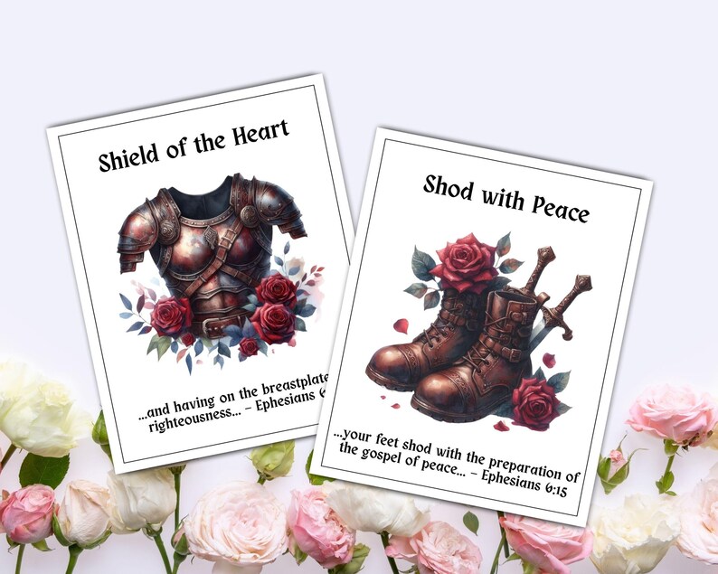 May include: Two art prints with floral and armor themes. One features a breastplate with red roses and the text "Shield of the Heart." The other shows boots, swords, and roses, with the text "Shod with Peace."