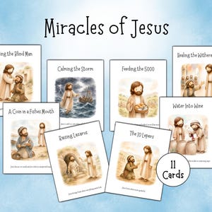 Könnte beinhalten: Ein Set aus 11 Karten mit dem Titel Miracles of Jesus, die Aquarellillustrationen biblischer Szenen zeigen, darunter Healing the Blind Man, Calming the Storm, Feeding the 5000, Healing the Withered Hand, A Coin in a Fishes Mouth, Raising Lazarus und The 10 Lepers.