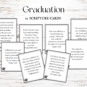 May include: A set of 12 graduation scripture cards with black borders and a graduation cap graphic. Each card features a different Bible verse in black text on a white background. The word "Graduation" is at the top.
