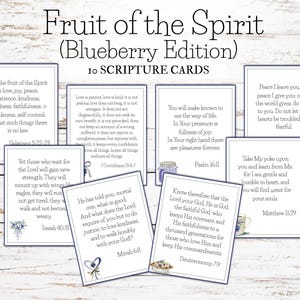 May include: A set of ten scripture cards with a blueberry theme. Each card features a Bible verse in a white frame with a watercolor illustration. The title "Fruit of the Spirit" is at the top.