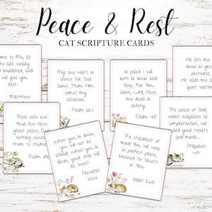 May include: A collection of cat scripture cards with the words "Peace & Rest" at the top. Each card features a Bible verse, floral accents, and a watercolor illustration of a cat. The cards are arranged on a light wood surface.