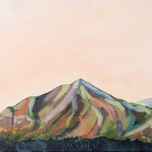 May include: A painting of a mountain with a pink sky in the background. The mountain is painted in shades of green, brown, and purple.