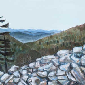 May include: A painting of a mountain landscape with a rocky foreground and a distant view of rolling hills. The sky is a light blue, and the trees are a mix of green and brown.