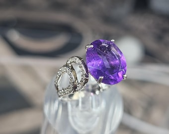 14K Weißgold Platin-Finish Größe 6 Damenring Amethyst & Diamanten