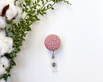 chic and cozy mauve blush pink dot fabric retractable lanyard clip id badge reel cute holder graduation gift stocking stuffer Gift under 10
