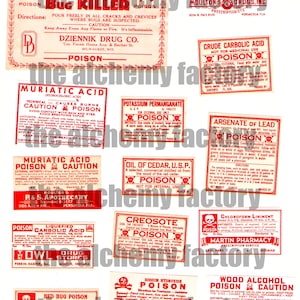 Farmacia antigua etiquetas venenosas impresión digital, etiquetas de boticario, etiquetas de botellas de medicina antigua, medios mixtos, tarjetas de diario basura