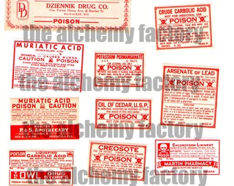 Antique Pharmacy Poison Labels Digital Print, Apothecary Labels, Old Medicine Bottle Labels, Mixed Media, Junk Journaling Cards