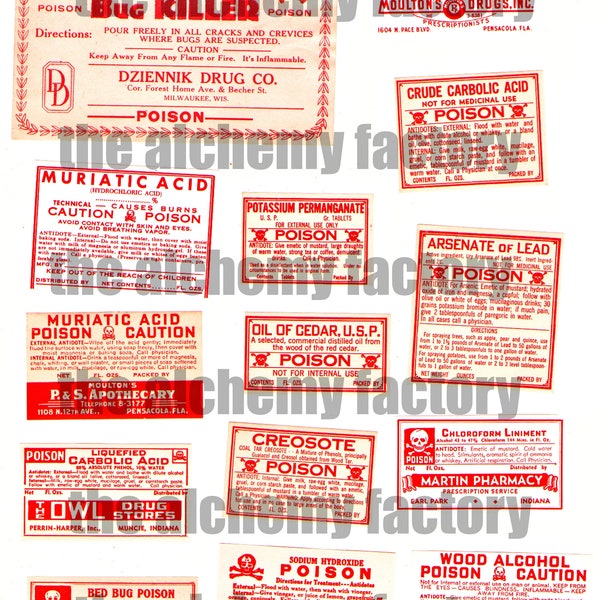 Antique Pharmacy Poison Labels Digital Print, Apothecary Labels, Old Medicine Bottle Labels, Mixed Media, Junk Journaling Cards