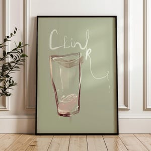 Clink toast glas afdrukbaar - digitale muurkunst poster, minimalistisch thuisbarwagen ontwerp, luxe modern feestdecor, handgeschilderd